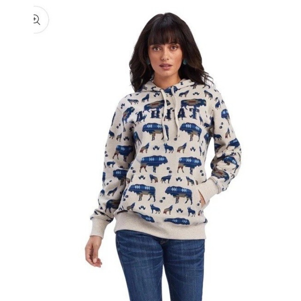 Ariat REAL AOP Sweatshirt Hoodie Womens All Over Print Wild Buffalo Wolf Small
